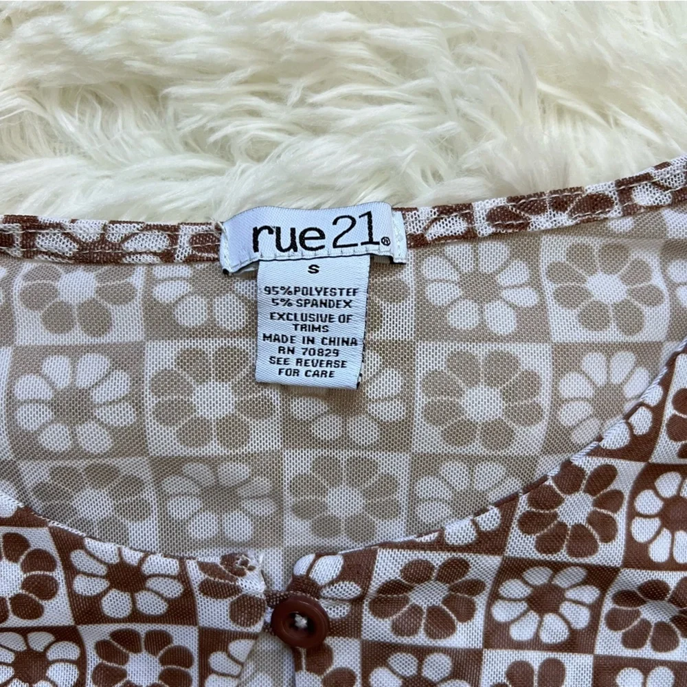 Rue 21 Mesh Brown and White y2k Flower Long Sleeve Top